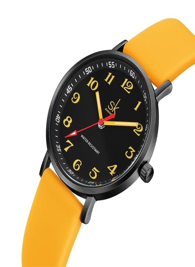 shengke SK Sports Women's Watch Ultra-Thin Fashion Watch for Medical Professionals, Nurses, Doctors, Students, Watch with Easy Read Dial, Colorful Silicone Strap, Black Yellow, Bracelet - Image 2