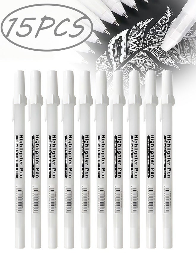 15 Pieces White Highlighter Pen,0.8mm Fine Tip White Gel Pens,Quick Drying Water Based Ink,Non Toxic Acrylic Markers for Paper,Glass,Wood,Metal,Plastic,Ideal for Artists,Students and Crafting - Image 1