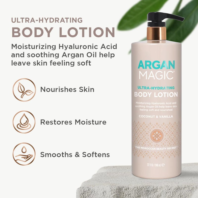 Argan Magic Ultra-Hydrating Coconut & Vanilla Body Lotion with Hyaluronic Acid for Dry Skin - Nourishes Skin, Restores Moisture, Smooths & Softens | Non-Greasy Formula | Paraben Free (32 oz) - Image 2