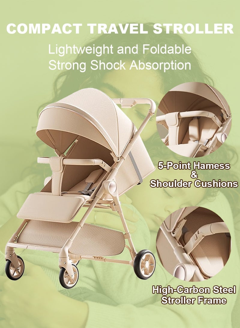 BABY HOME Lightweight Foldable Baby Stroller for Travel with 5-Point Seat Belt, High-Carbon Steel Frame, Multi-Segment Sunshade & Large Storage Basket – High-Landscape Reclining Stroller with Shock-Absorbing Wheels & Three-Step Fold, Beige - Image 2