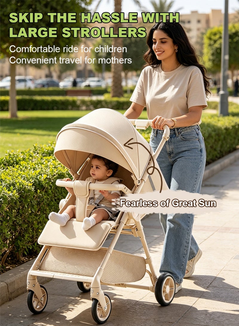 BABY HOME Lightweight Foldable Baby Stroller for Travel with 5-Point Seat Belt, High-Carbon Steel Frame, Multi-Segment Sunshade & Large Storage Basket – High-Landscape Reclining Stroller with Shock-Absorbing Wheels & Three-Step Fold, Beige - Image 3
