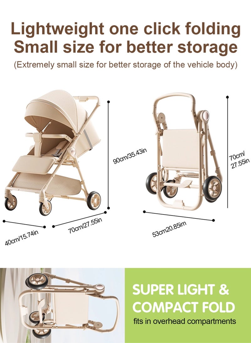BABY HOME Lightweight Foldable Baby Stroller for Travel with 5-Point Seat Belt, High-Carbon Steel Frame, Multi-Segment Sunshade & Large Storage Basket – High-Landscape Reclining Stroller with Shock-Absorbing Wheels & Three-Step Fold, Beige - Image 4