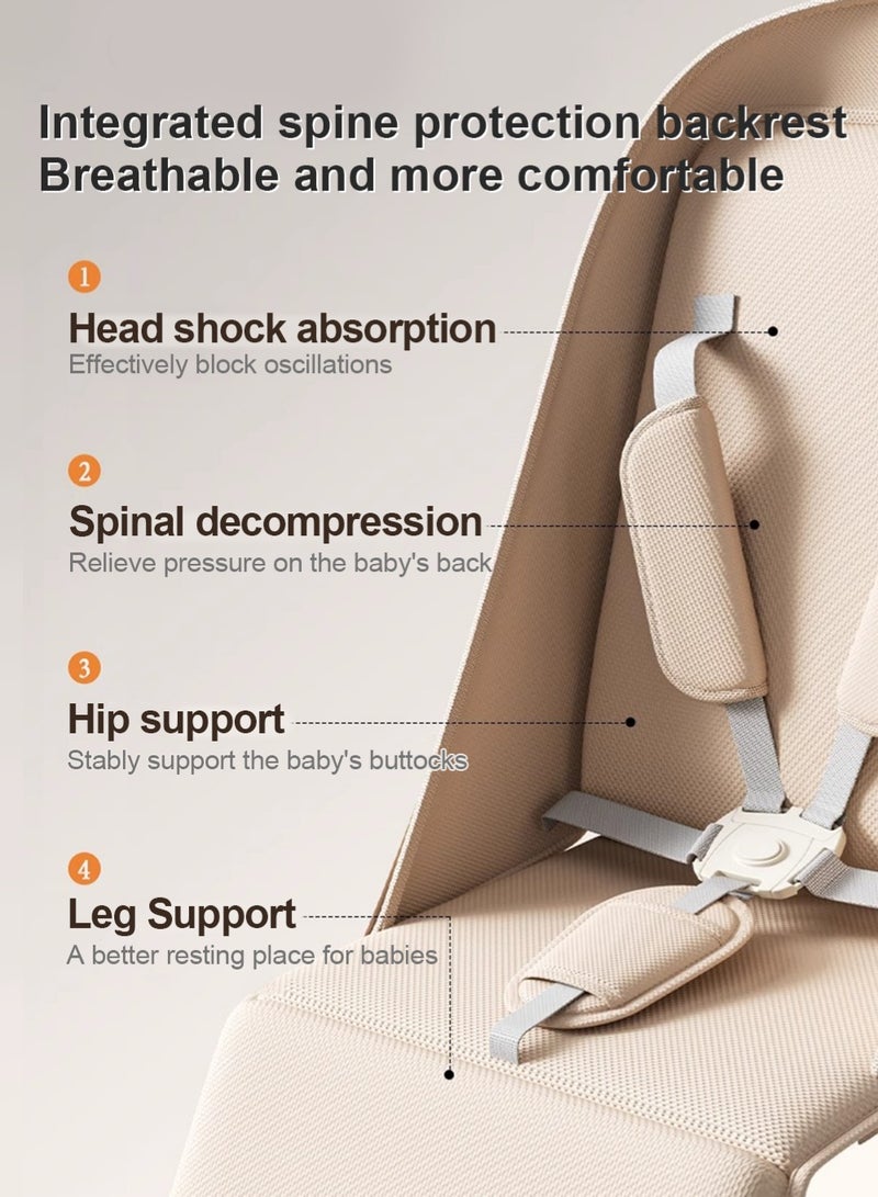 BABY HOME Lightweight Foldable Baby Stroller for Travel with 5-Point Seat Belt, High-Carbon Steel Frame, Multi-Segment Sunshade & Large Storage Basket – High-Landscape Reclining Stroller with Shock-Absorbing Wheels & Three-Step Fold, Beige - Image 5