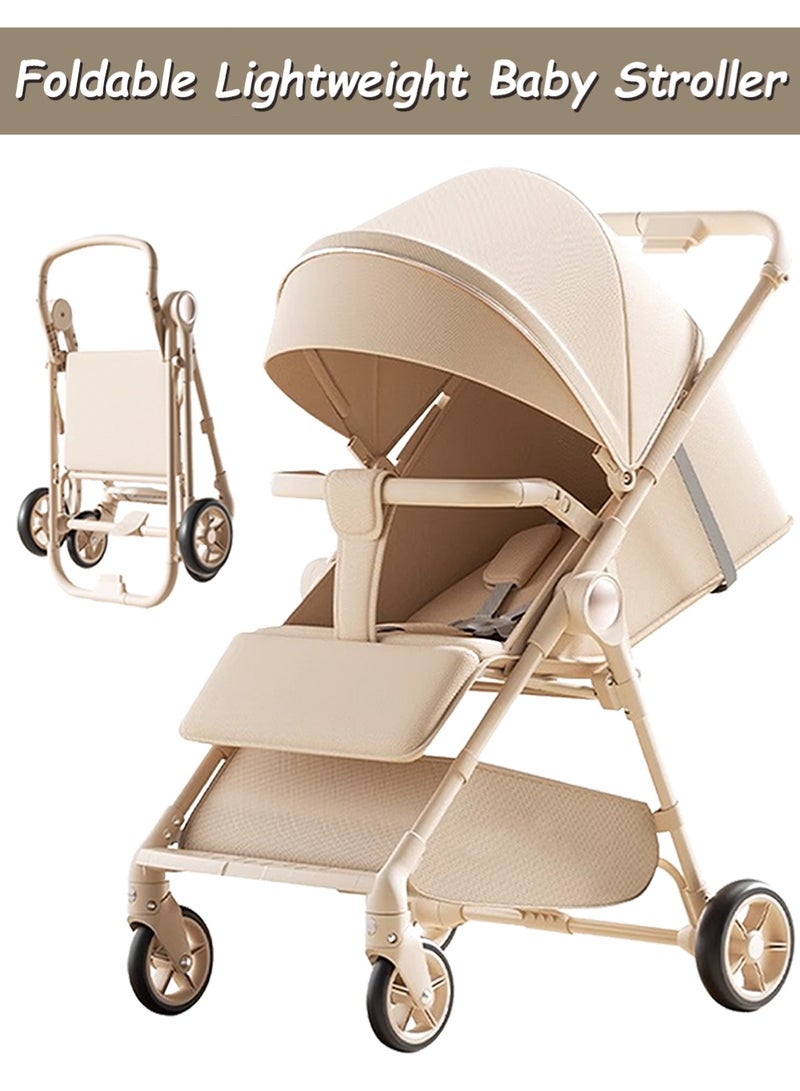 BABY HOME Lightweight Foldable Baby Stroller for Travel with 5-Point Seat Belt, High-Carbon Steel Frame, Multi-Segment Sunshade & Large Storage Basket – High-Landscape Reclining Stroller with Shock-Absorbing Wheels & Three-Step Fold, Beige - Image 1