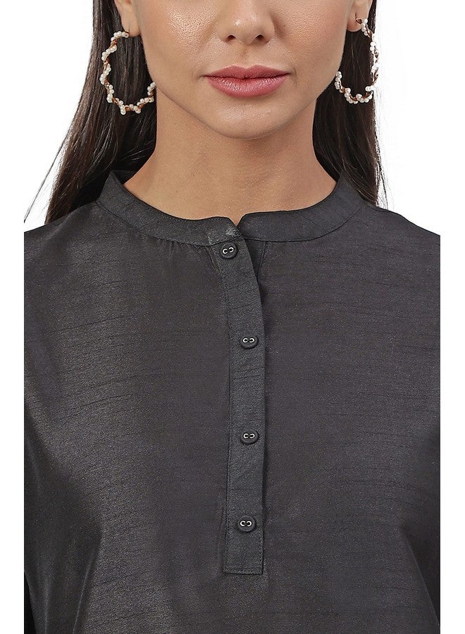 Janasya Janasya Women's Black Poly Silk Straight Kurta with Pant(SET335-KR-NP_S) - Image 4