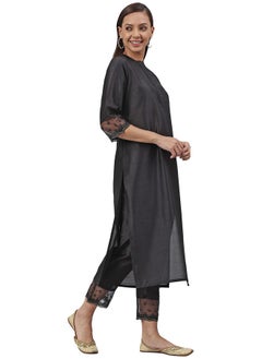 Janasya Janasya Women's Black Poly Silk Straight Kurta with Pant(SET335-KR-NP_S)  - Image 1