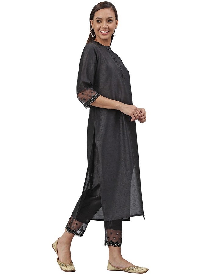 Janasya Janasya Women's Black Poly Silk Straight Kurta with Pant(SET335-KR-NP_S) - Image 1