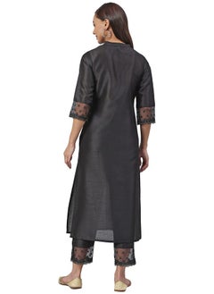 Janasya Janasya Women's Black Poly Silk Straight Kurta with Pant(SET335-KR-NP_S)  - Image 3