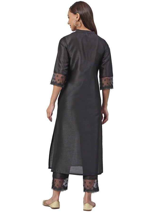 Janasya Janasya Women's Black Poly Silk Straight Kurta with Pant(SET335-KR-NP_S) - Image 3