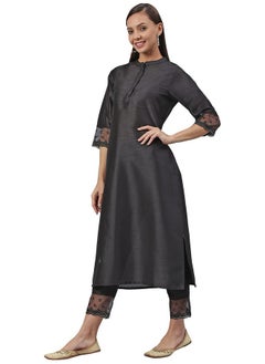Janasya Janasya Women's Black Poly Silk Straight Kurta with Pant(SET335-KR-NP_S)  - Image 2