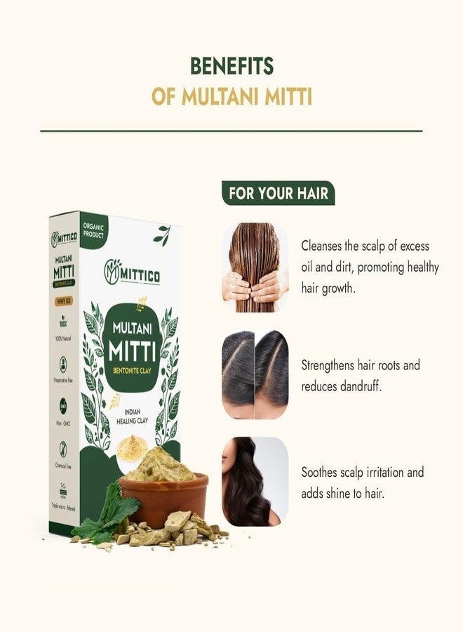 MITTICO Multani Mitti Powder Natural Fuller’s Earth for Face & Hair Packs Removes Dead Skin Cleanses Pores Reduces Dandruff & Scalp Itchiness Soft & Glowing Skin (Pack of 2) - Image 4