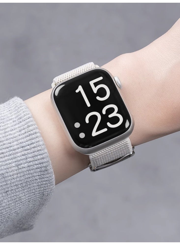 Suitable for Apple Watch iwatch S6/5/4/SE【44mm】Strap, Flat Nylon Braided Magnetic Sports Strap，White - Image 3