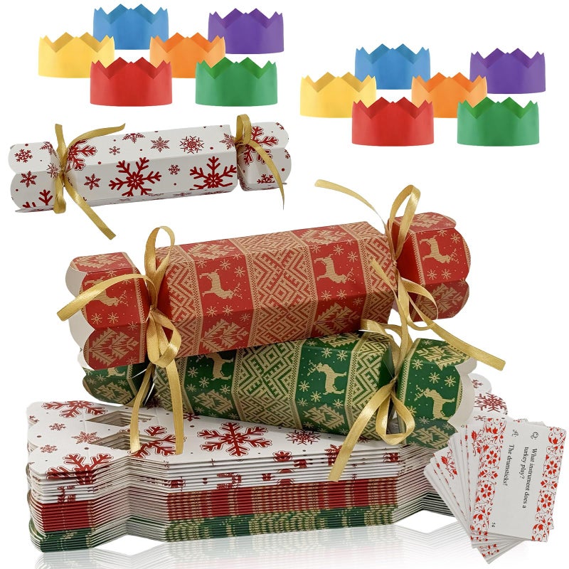 30 Packs Christmas CrackersDIY Christmas Party Crackers BulkMake Your Own Christmas Crackers KitChristmas Luxury Cracker Candy Paper Boxes with Hats Joke Cards for Christmas Family Crackers Gift