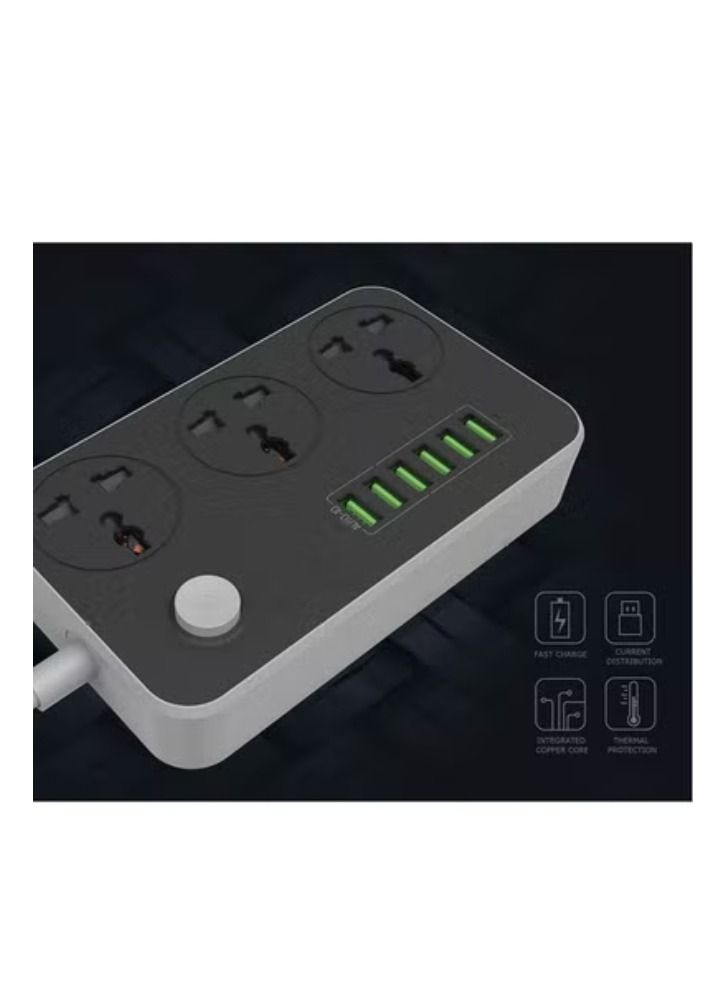 Universal Power Strips 3 Way Outlets 6 USB Plug Ports Surge Protection Power Socket Switch Portable Charger Fast Charging with 2M Wall Plug Adapter Extension Cord with Fuse and Shutter Extension Lead - Image 2