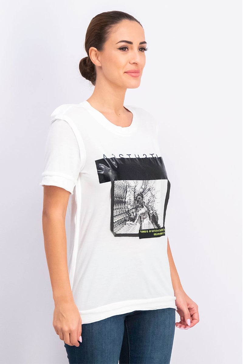 DIESEL Women Round Neck Short Sleeves Graphic Top, White - Image 4