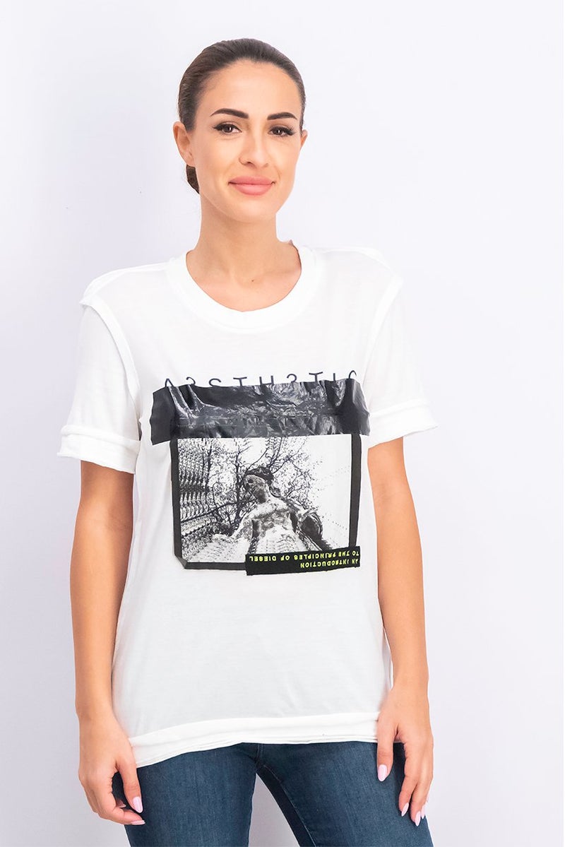 DIESEL Women Round Neck Short Sleeves Graphic Top, White - Image 1