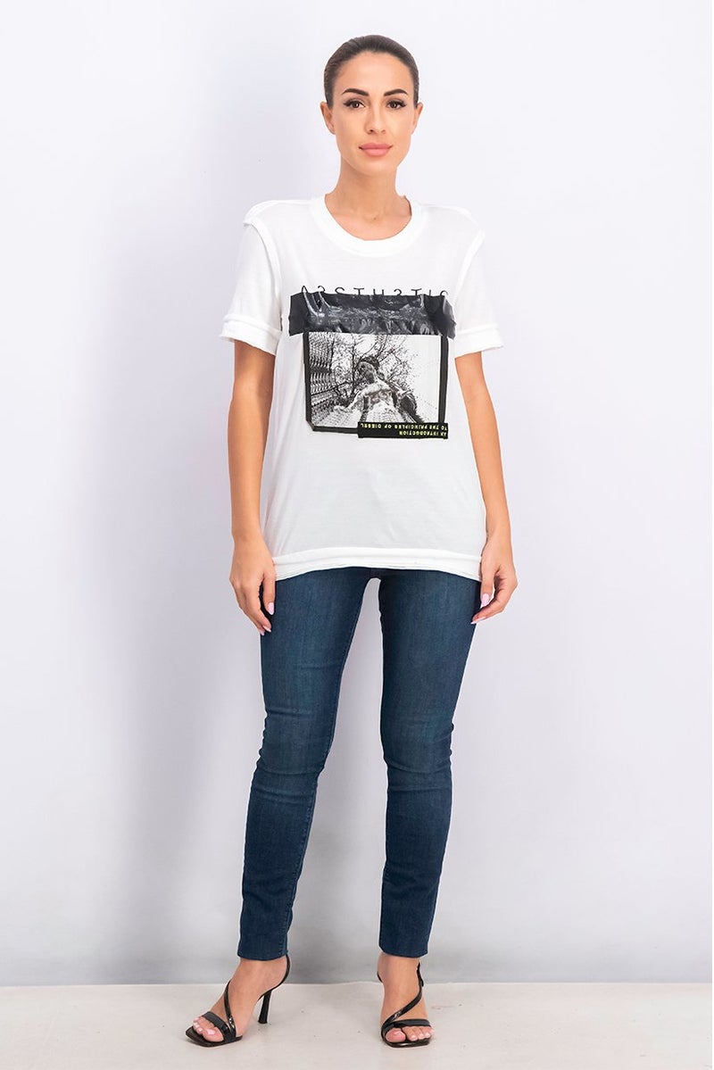 DIESEL Women Round Neck Short Sleeves Graphic Top, White - Image 2