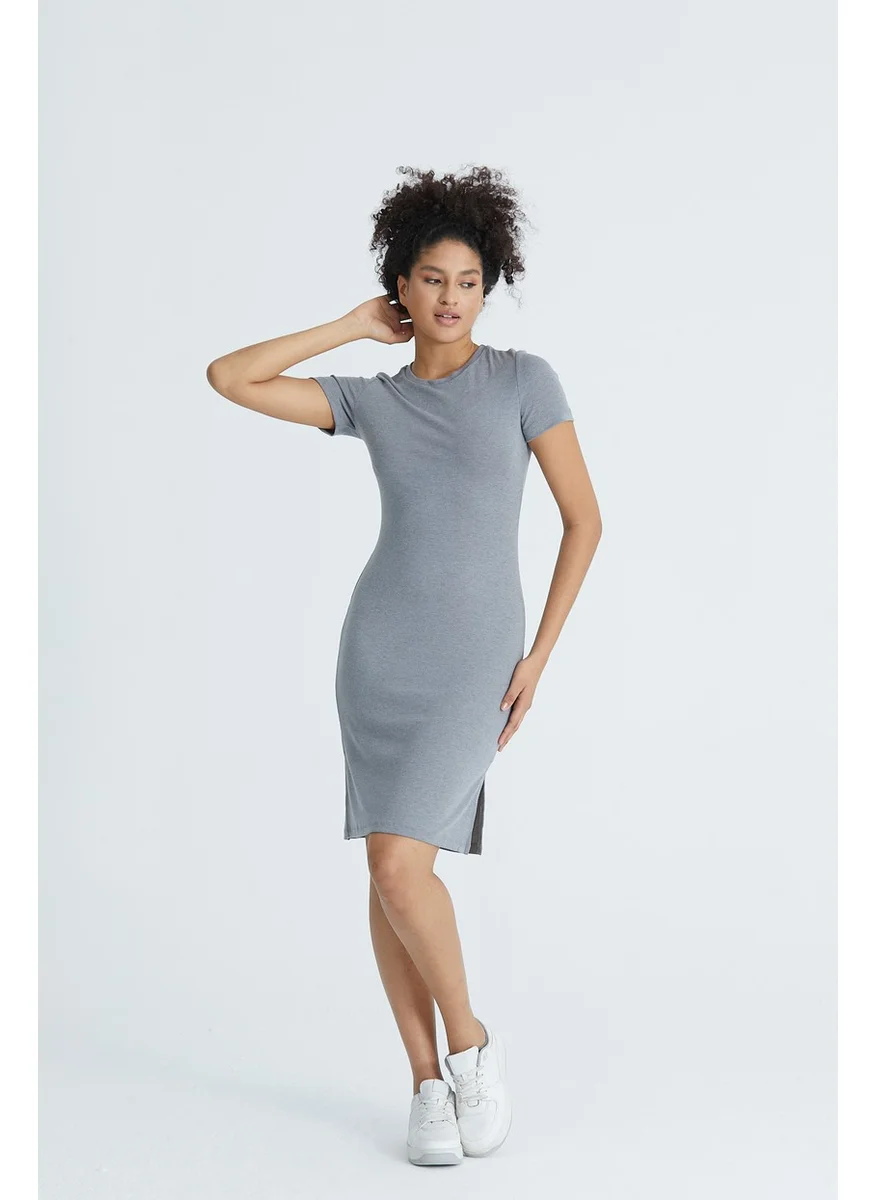 Twenty3 Women's Basic Crew Neck, Fitted, Tiny Slit Detailed Cotton, Flexible Midi Dress