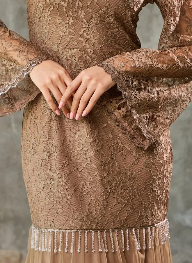 Styli Lace Insert Beaded Tassel Detail Mermaid Maxi Dress