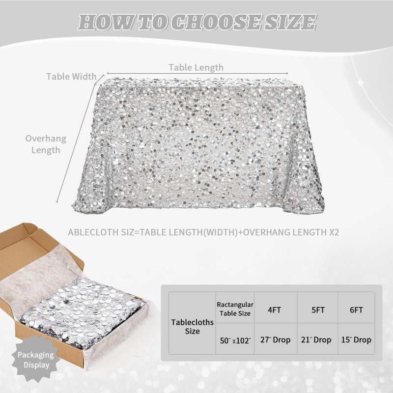 B.Cool B-COOL Rectangle Glitter Sequin Tablecloth: Silver Sequin Fabric Table Cloth 50x102 Inch Table Over for Wedding Birthday Party Baby Bridal Shower - Image 5