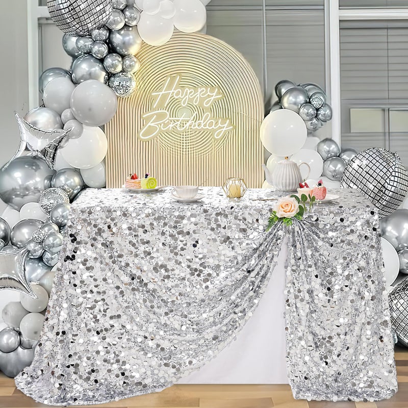B.Cool B-COOL Rectangle Glitter Sequin Tablecloth: Silver Sequin Fabric Table Cloth 50x102 Inch Table Over for Wedding Birthday Party Baby Bridal Shower - Image 1