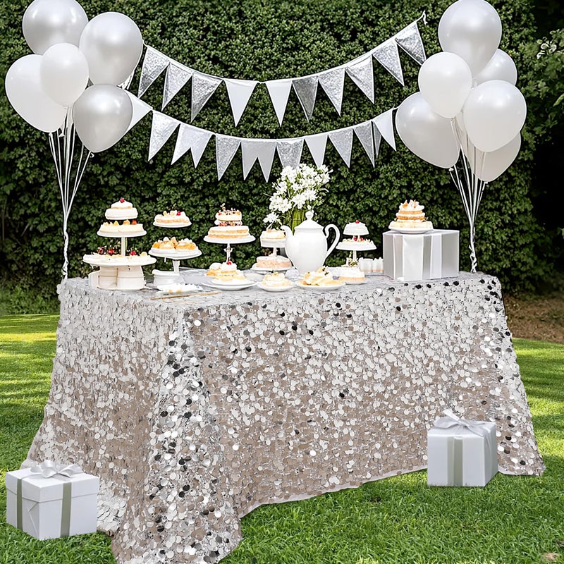 B.Cool B-COOL Rectangle Glitter Sequin Tablecloth: Silver Sequin Fabric Table Cloth 50x102 Inch Table Over for Wedding Birthday Party Baby Bridal Shower - Image 4