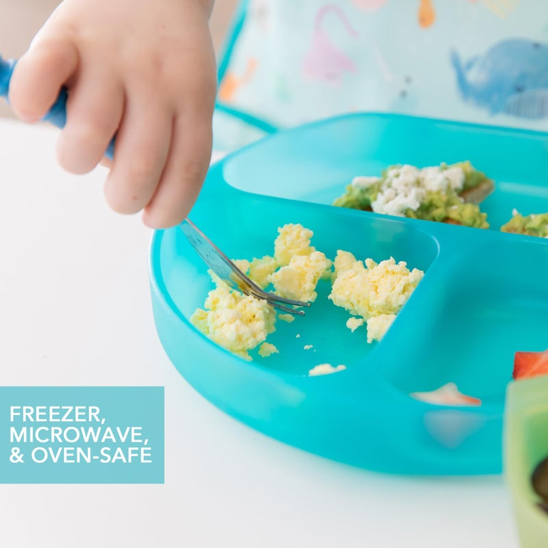 Bumkins Toddler and Baby Suction Plate, Silicone Divided Grip Dish for Babies and Kids, Baby Led Weaning, Children Feeding Supplies, Non Skid Sticky Bottom, Ages 6 Months Up, Blue Jelly - Image 4