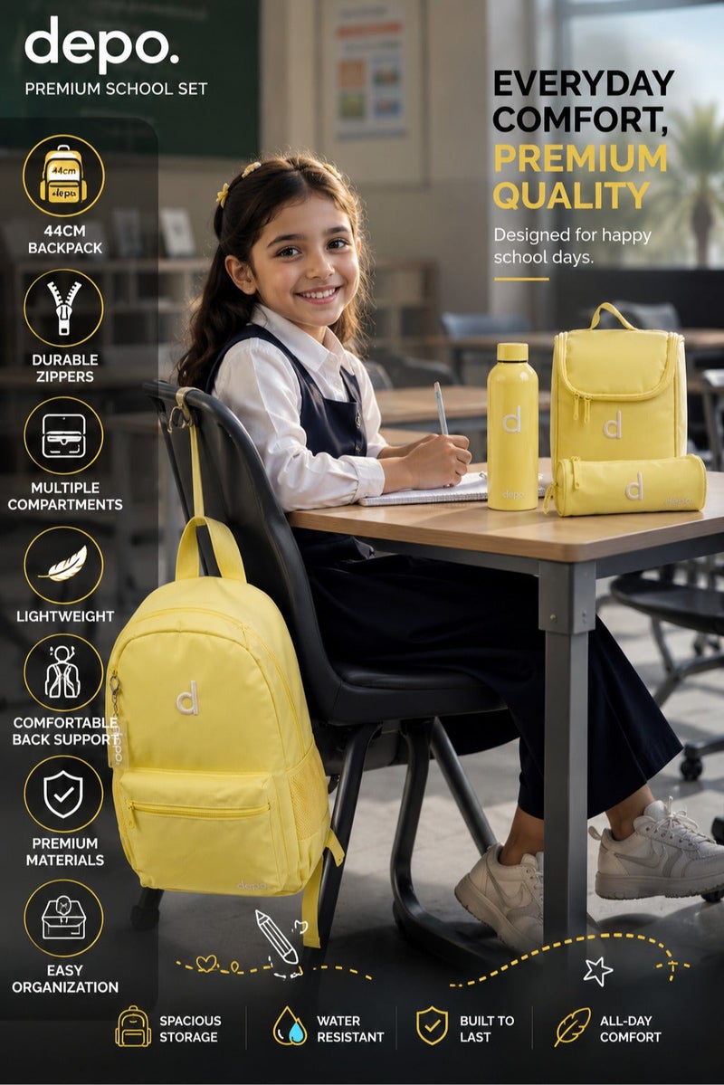 DEPO 4-Piece Premium School Backpack Set – 44cm Water-Resistant Backpack with Insulated Lunch Bag, Pencil Case & Reusable Water Bottle | Lightweight School Bag Set for Boys & Girls | Yellow - Image 3