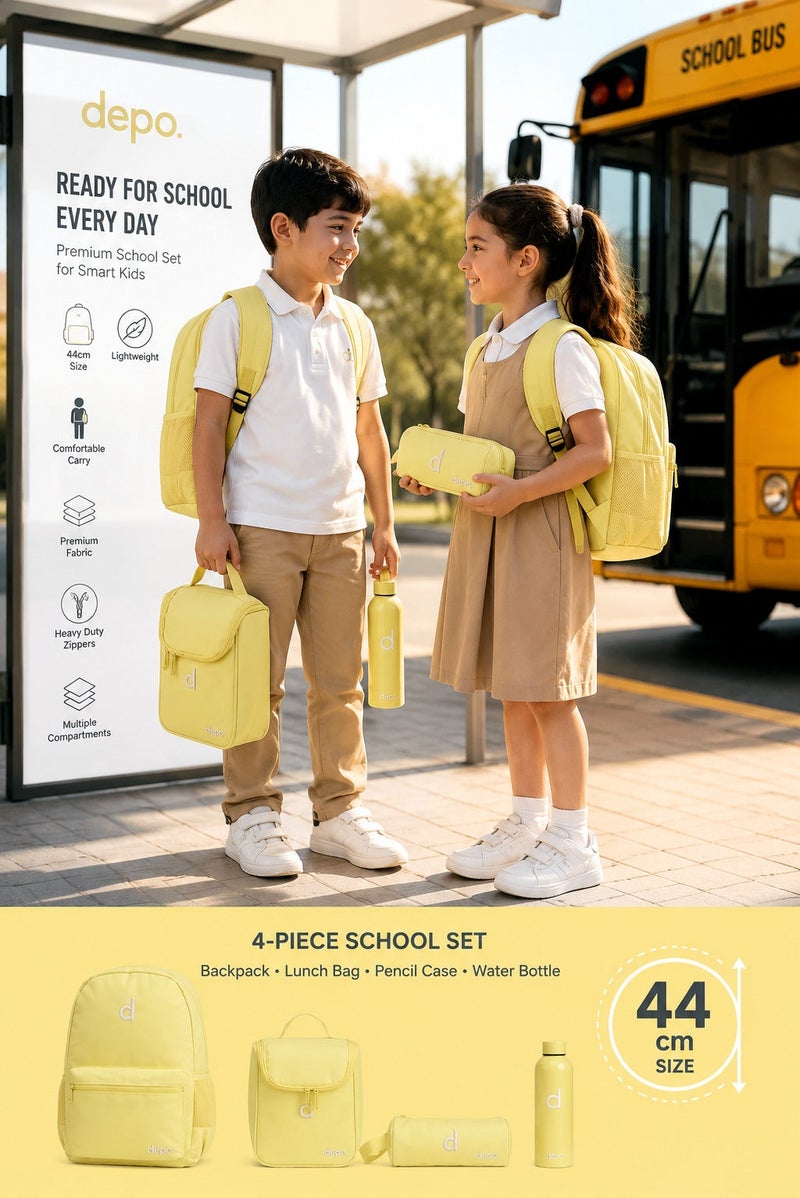 DEPO 4-Piece Premium School Backpack Set – 44cm Water-Resistant Backpack with Insulated Lunch Bag, Pencil Case & Reusable Water Bottle | Lightweight School Bag Set for Boys & Girls | Yellow - Image 4