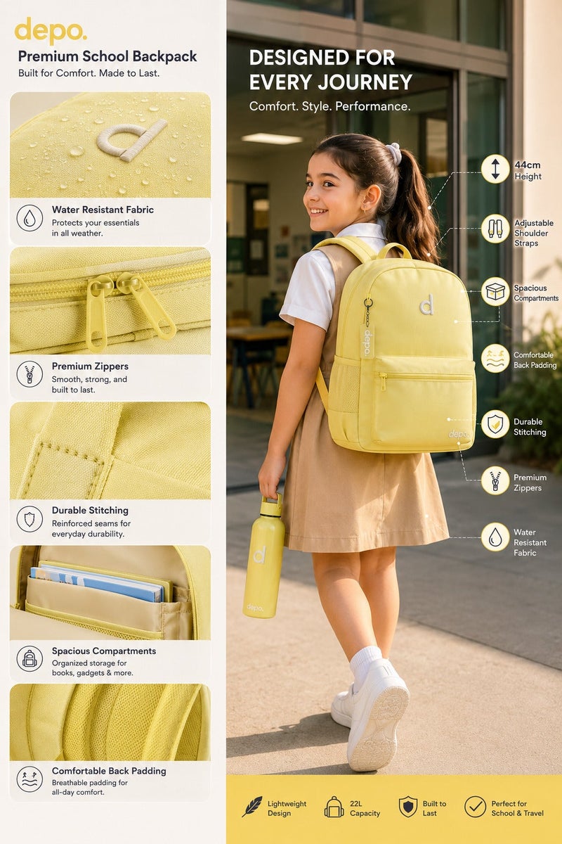 DEPO 4-Piece Premium School Backpack Set – 44cm Water-Resistant Backpack with Insulated Lunch Bag, Pencil Case & Reusable Water Bottle | Lightweight School Bag Set for Boys & Girls | Yellow - Image 5