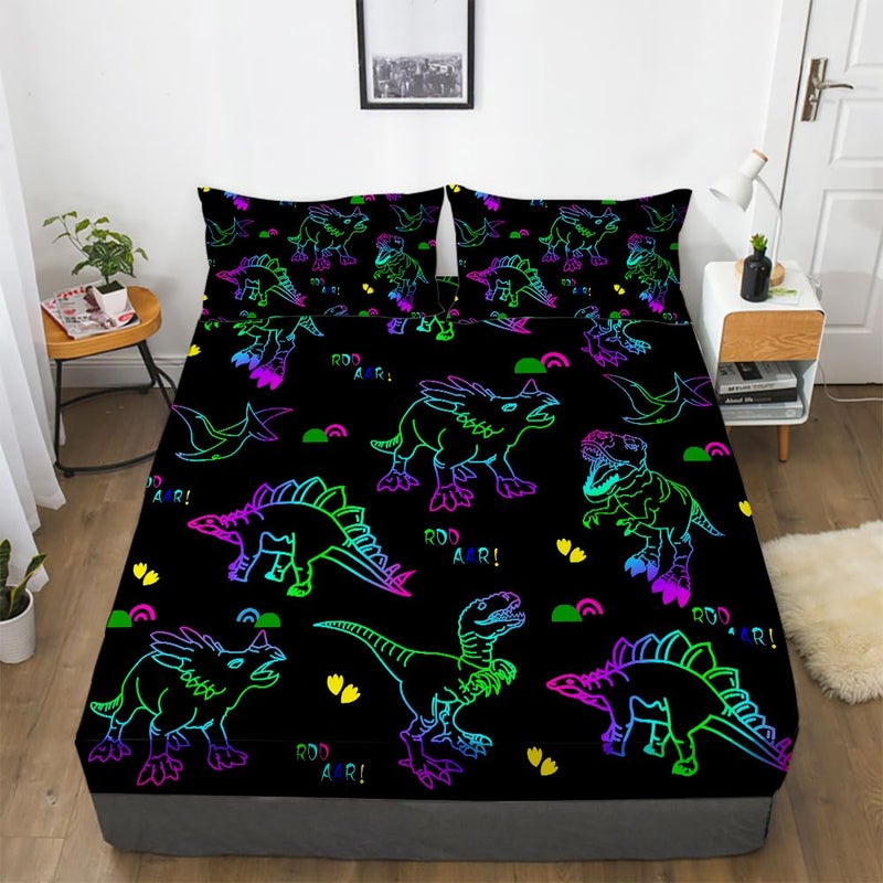 Gusuhome Dinosaurs Bed Sheets Full Size for Boys 3D Colorful Jurassic Dinosaur Fitted Sheets Set for Kids and Teens Soft Microfiber Bedding with Pillowcase (1 Fitted Sheet + 2 Pillow Cases) - Image 2