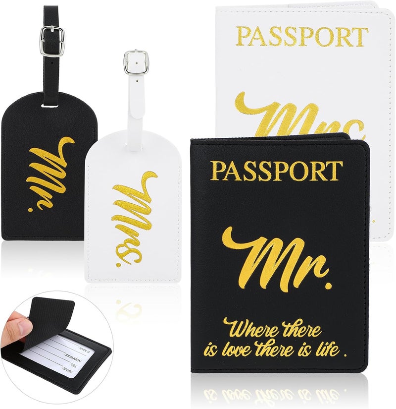 فاييت مجموعة من 4 أغطية جوازات سفر السيد والسيدة وعلامات الأمتعة، وعلامات سفر من الجلد الصناعي، هدايا - Image 1