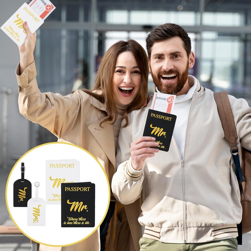 فاييت مجموعة من 4 أغطية جوازات سفر السيد والسيدة وعلامات الأمتعة، وعلامات سفر من الجلد الصناعي، هدايا - Image 2