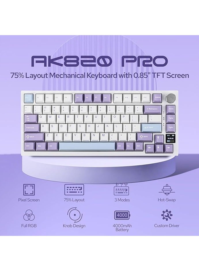 إيه جاز لوحة مفاتيح الألعاب الميكانيكية AK820 Pro، مثبتة بنسبة 75%، شاشة TFT، إضاءة خلفية RGB، أوضاع متعددة (بلوتوث 5.1 / لاسلكي 2.4 جيجا هرتز / سلكي من النوع C)، إسفنج عازل للصوت، مفتاح Ajazz Flying Fish (أبيض بنفسجي) - Image 3