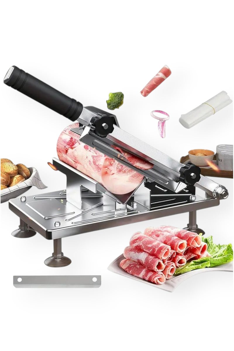 Multifunctional slicer, easy and flexible to quickly cut frozen meat, lamb, veal, fish and vegetables. Cuts cucumbers or potatoes into thin slices to look like chips, radishes, cheeses or pressed processed meats. The product is made of high-quality stainless steel, rust-resistant and equipped to keep your hand safe and secure. It is safe and non-slip. Suitable for use in supermarkets, shops, homes, party planners, productive families and for slicing. The thickness is adjustable. You can control the thickness of the slice. Just turn the handle clockwise and the thickness you want is adjusted from 0.3 mm to 8 mm.  - Image 1
