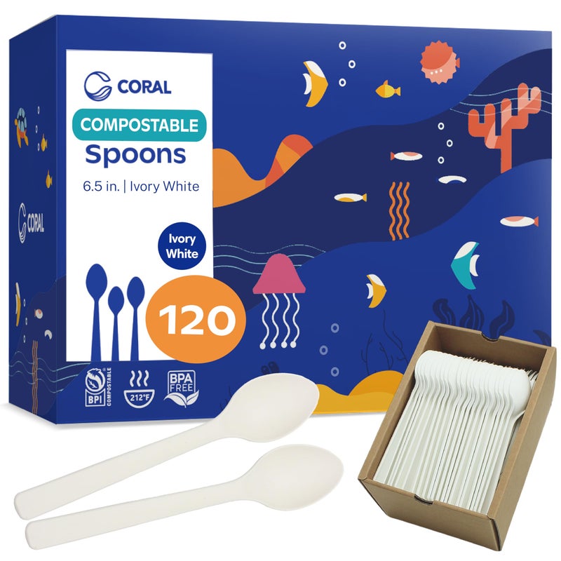 CORAL Ivory White 100% Compostable Spoons - 120 Heavy Duty No Plastic Spoons (6.5 inch) - Break-Resistant with Smooth Edges  Ocean Friendly Alternative to Plastic Cutlery - Biodegradable & Disposable - Image 1
