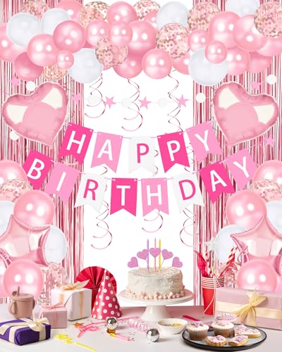 Lutoys Pink Happy Birthday Party Decorations Happy Birthday Banner Pink Foil Heart Star Confetti Balloons Curtain Backdrop Hanging Swirls Butterfly Party Decor for Girls Women Princess - Image 1
