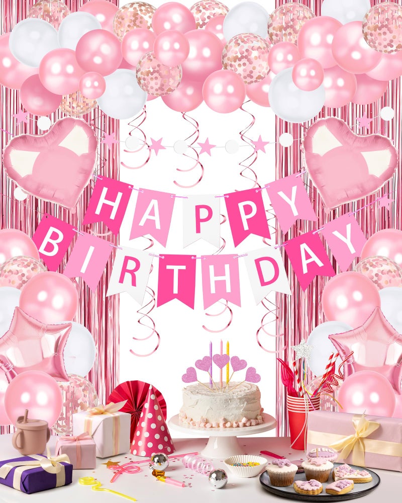 Lutoys Pink Happy Birthday Party Decorations Happy Birthday Banner Pink Foil Heart Star Confetti Balloons Curtain Backdrop Hanging Swirls Butterfly Party Decor for Girls Women Princess - Image 2