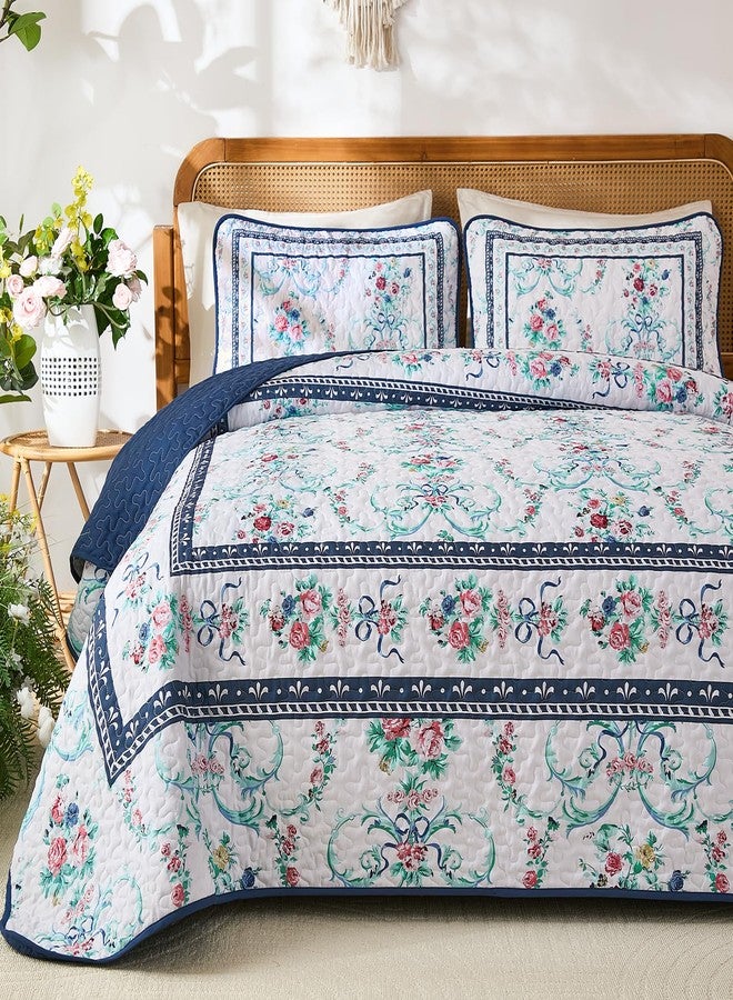 Anibedding طقم لحاف أنيبيدينج أزرق مزهر، مقاس كوين، 3 قطع، غطاء سرير مطبوع عليه زهور بتصميم كلاسيكي مع 2 غطاء وسادة، طقم غطاء سرير خفيف الوزن وناعم من الألياف الدقيقة لجميع الفصول (96 بوصة × 90 بوصة). - Image 1