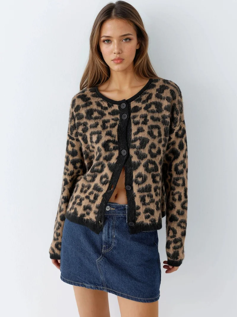 MY FASHION Leopard Print Button-Up Cardigan