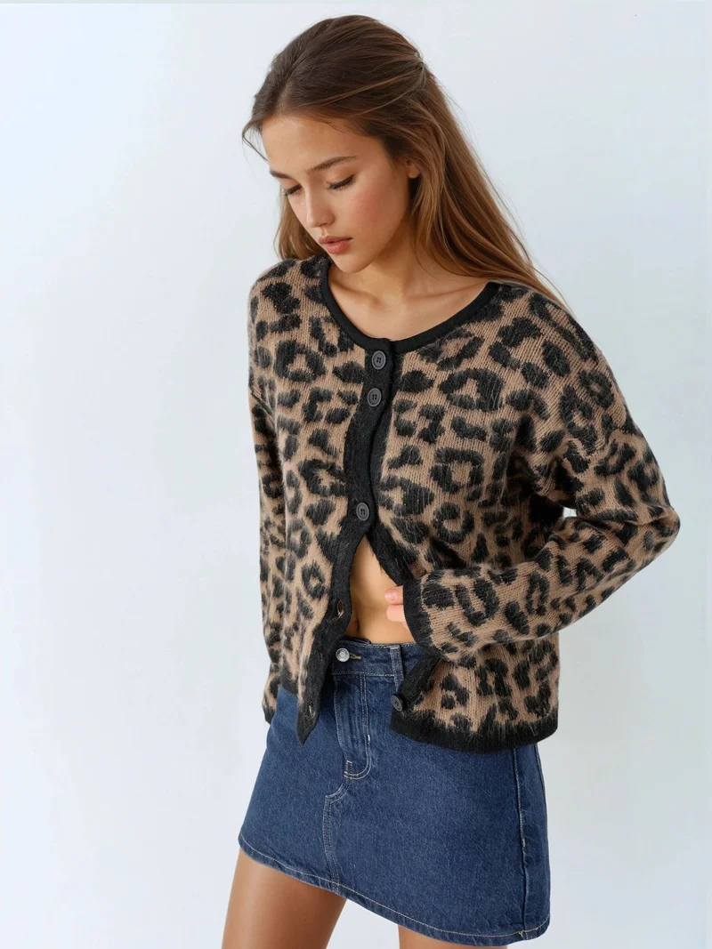 My Fashion Camel Brown MY FASHION Leopard Print Button-Up Cardigan for Women | Best Price UAE