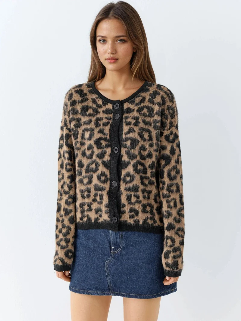 My Fashion Camel Brown MY FASHION Leopard Print Button-Up Cardigan for Women | Best Price UAE
