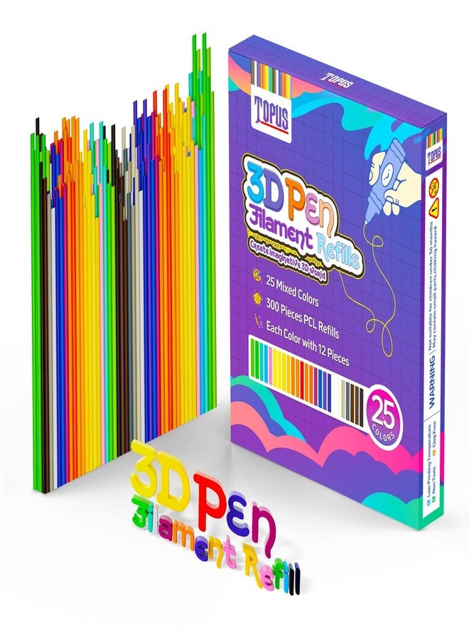 Topus 300Pcs 3D Pen Filament Refills Compatible with 3Doodler Start+ Pen, 25 Colors 3D Filament Bundle, 3D Pen Refill Sticks with 15cm x 12Pcs Per Color, Low Print Temperature PCL Filament 2.5mm Thick - Image 1