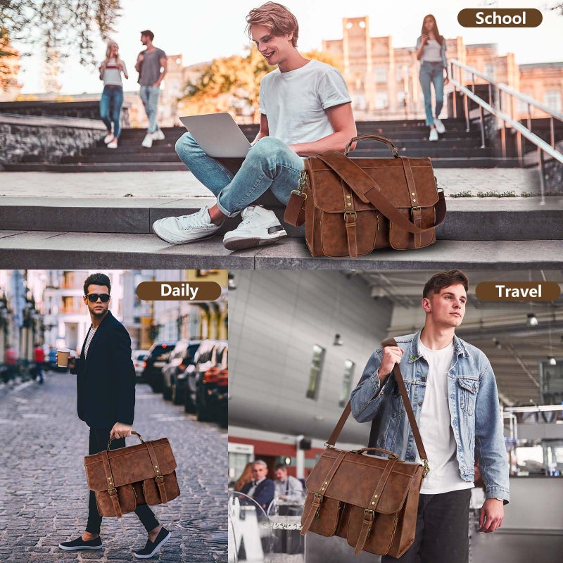 Wogarl Messenger Bag for Men 15.7 inch: Vintage Waterproof PU Leather Briefcase Large Computer Laptop Bag Retro Satchel Shoulder Bag for Office Business Travel College,(Brown) - Image 2