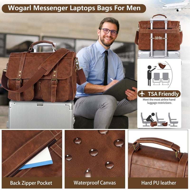Wogarl Messenger Bag for Men 15.7 inch: Vintage Waterproof PU Leather Briefcase Large Computer Laptop Bag Retro Satchel Shoulder Bag for Office Business Travel College,(Brown) - Image 5