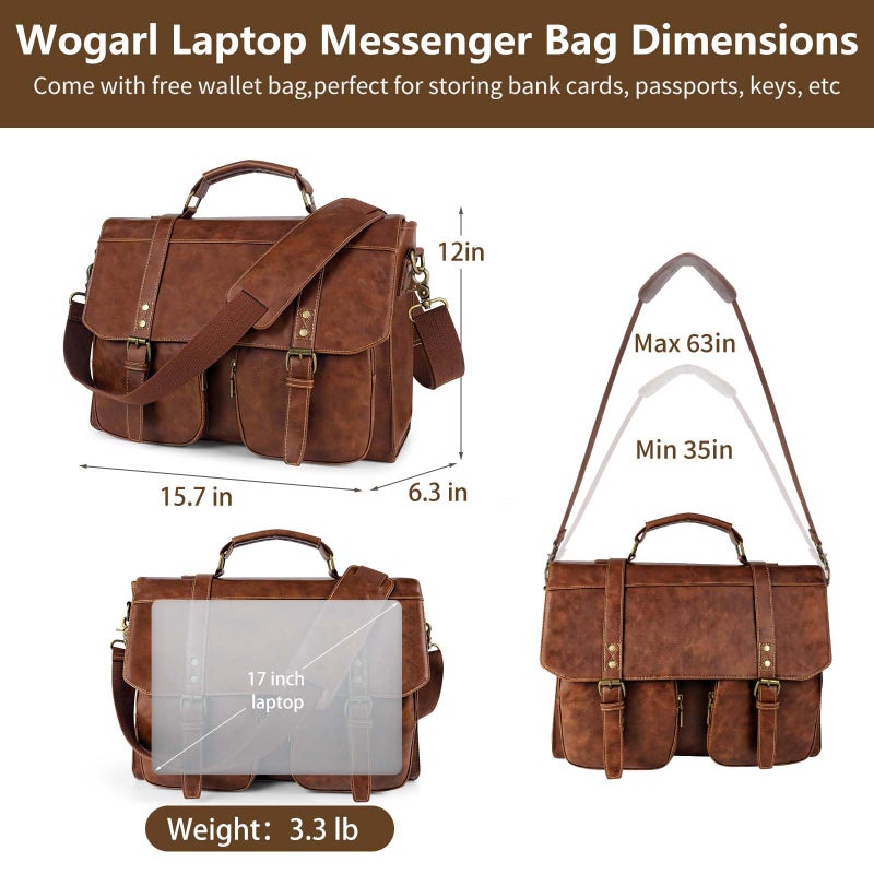 Wogarl Messenger Bag for Men 15.7 inch: Vintage Waterproof PU Leather Briefcase Large Computer Laptop Bag Retro Satchel Shoulder Bag for Office Business Travel College,(Brown) - Image 4