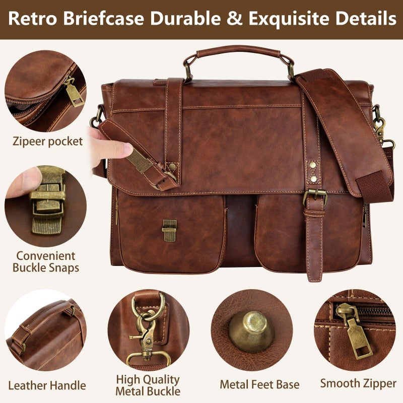 Wogarl Messenger Bag for Men 15.7 inch: Vintage Waterproof PU Leather Briefcase Large Computer Laptop Bag Retro Satchel Shoulder Bag for Office Business Travel College,(Brown) - Image 3