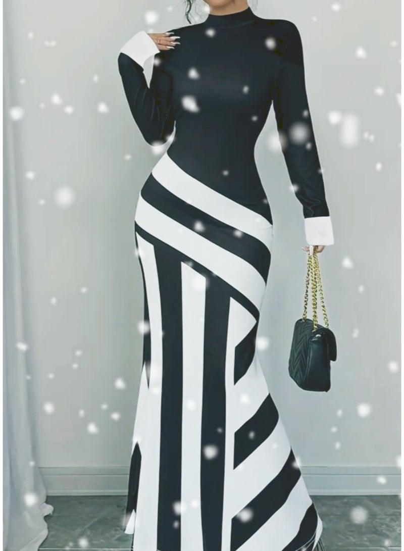 Elegant High Neck Bodycon Long Sleeve Dress - Image 1