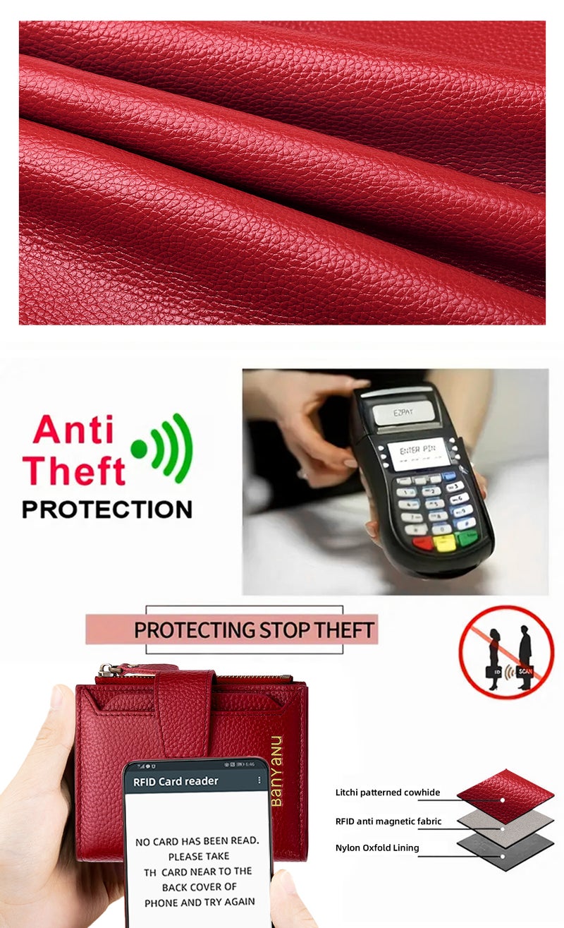 بانيانو محافظ نسائية صغيرة وأنيقة، مزودة بتقنية RFID مضادة للسرقة، مصنوعة من الجلد الطبيعي، قابلة للطي، مع نافذة لبطاقة الهوية (أزرق فاتح) - Image 4