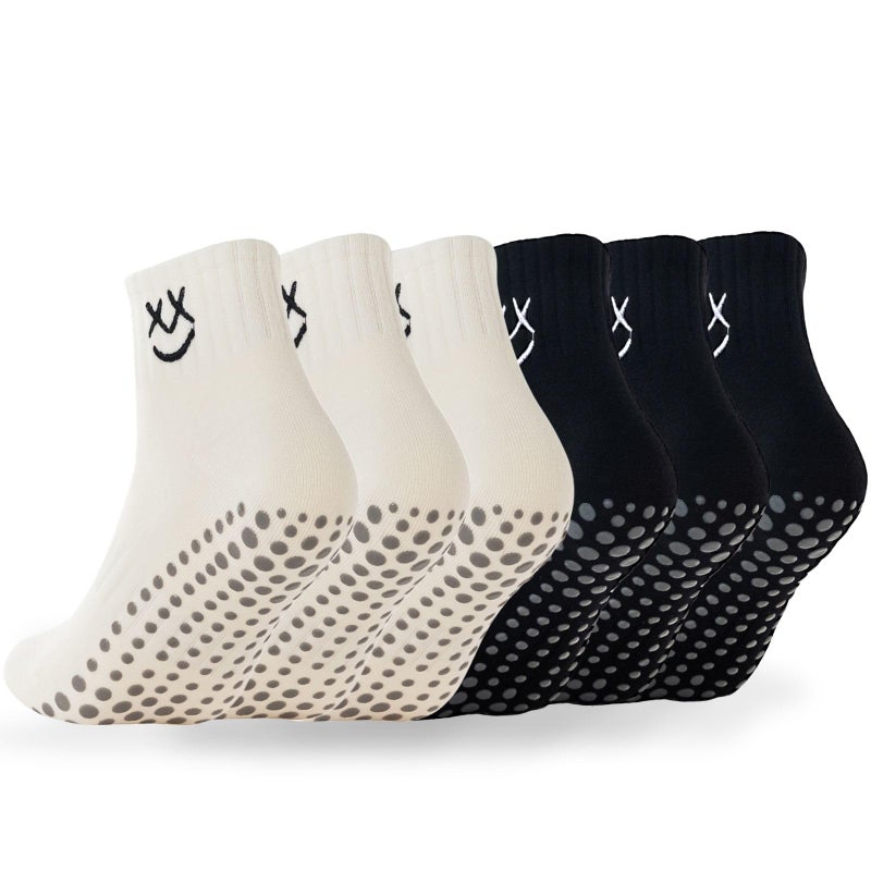 Soxbang 3/6 Pairs Cute Pilates Socks with Grips,Yoga Socks Barre Sock Non Slip Embroidery for Barre Ballet Workout (US, Numeric, 5, 9, Regular, Regular, 6 Pairs-3Cream3Black) - Image 1